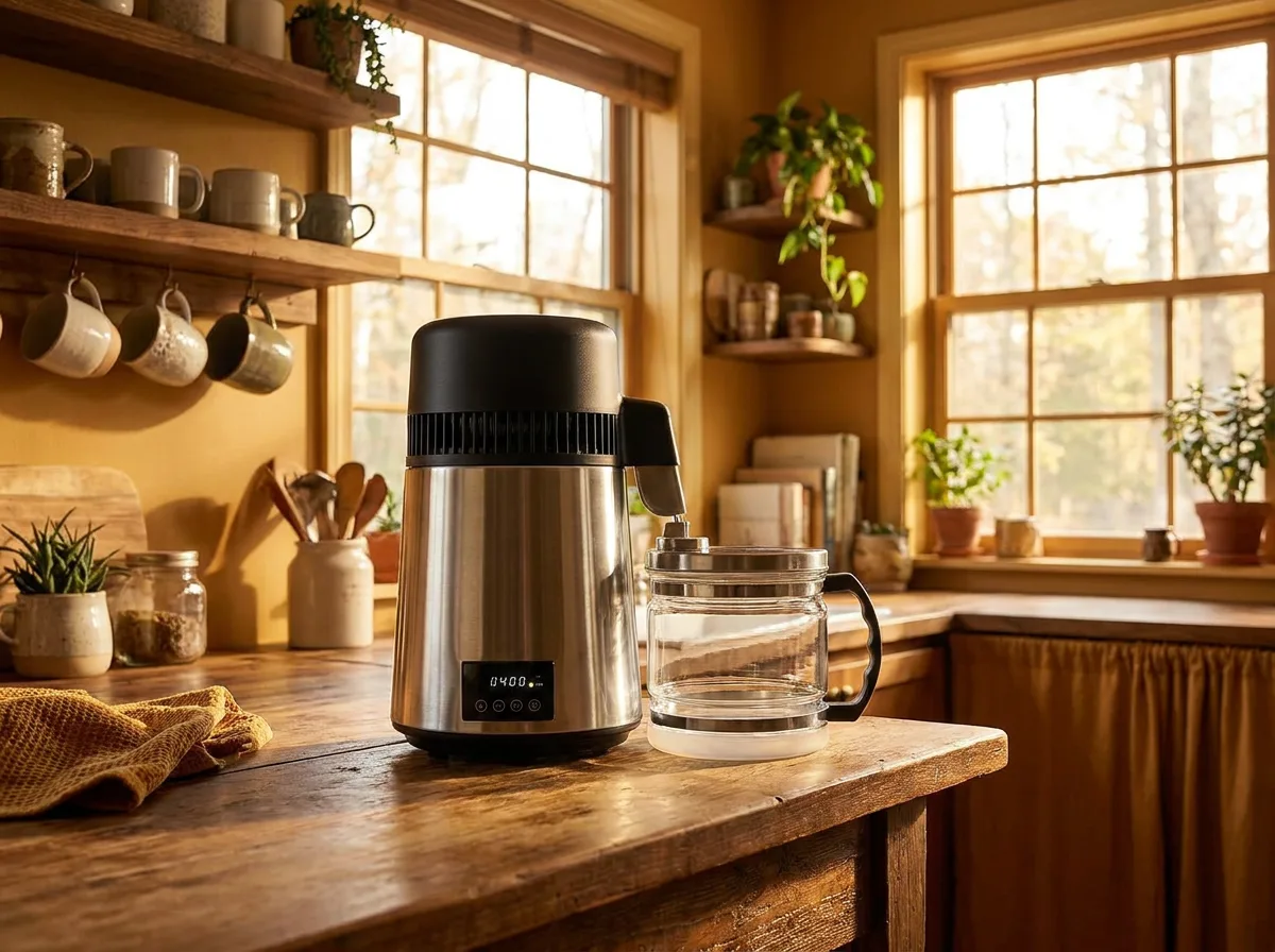 Countertop water distiller beside a glass carafe on a kitchen counter